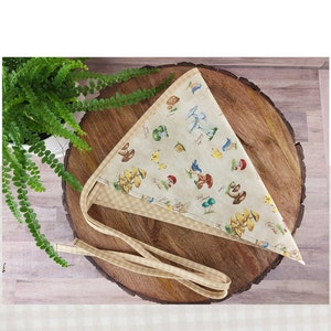 Whimsical Mushroom Bandana, Cottagecore Head Scarf, Cream Gingham Print, no-slip design