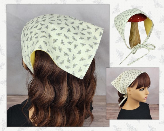 Bee head scarf, cottagecore kerchief, double-sided bandana, hair scarf with ties, reversible hair wrap