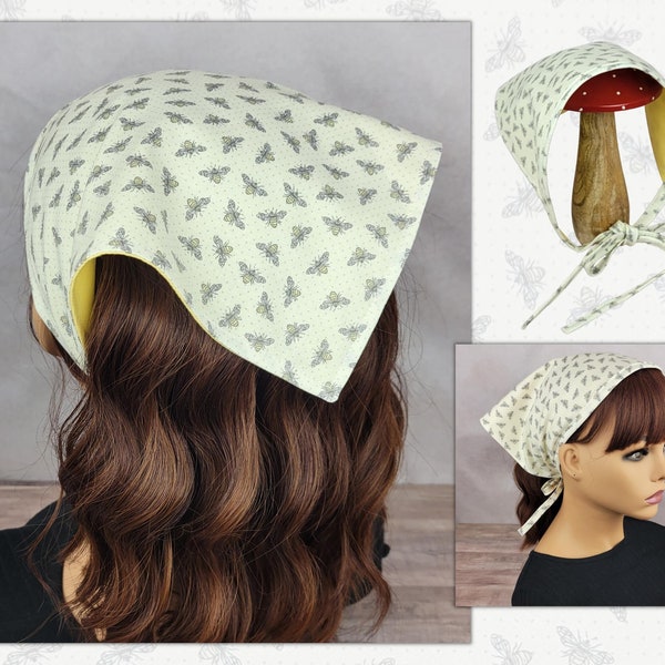 Bee head scarf, cottagecore kerchief, double-sided bandana, hair scarf with ties, reversible hair wrap