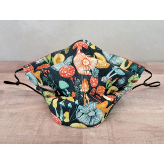 Cotton mask scrunchie combo, Mushroom print face mask, cottagecore style, face covering, nose wire, filter pocket