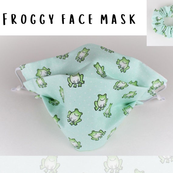 Frog fabric face mask, cotton face covering, nose wire, filter pocket, cotton mask scrunchie combo, cottagecore gift
