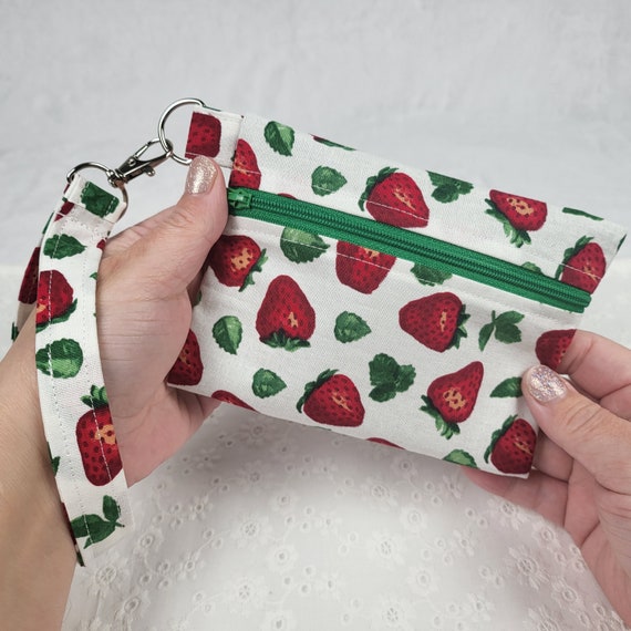 Strawberry wallet, key fob wristlet, concert purse, cottagecore gift, festival pouch, gift for her, credit card holder