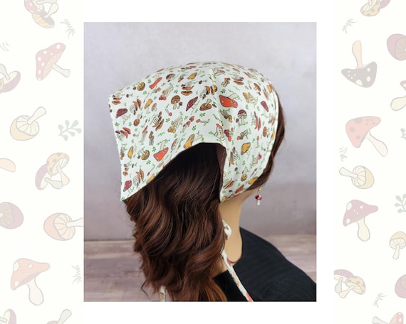 No-slip kerchief, bright mushroom bandana, head scarf with ties, minimalist headscarf, cottagecore gift