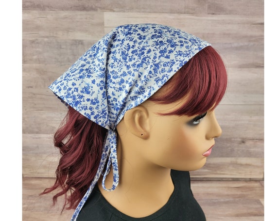 No-slip kerchief, floral bandana, headscarf with ties, blue head scarf, hair cover, cottagecore gift
