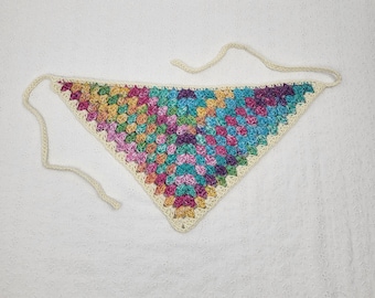 Crochet head scarf, rainbow kerchief, cotton bandana with ties