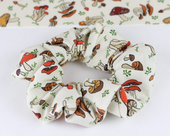 Mushroom fabric scrunchie, cottagecore style, hair accessories, 90's style hairband, ponytail holder, gift for self