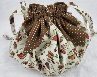 Charming origami petal bag with mushroom print on off-white - Vintage Design- drawstring handbag -fabric gift wrapping-cottage core gift