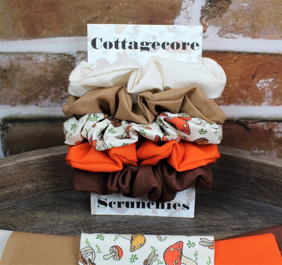 Mushroom scrunchie, scrunchie set of 5, cottagecore gift, ponytail holders.