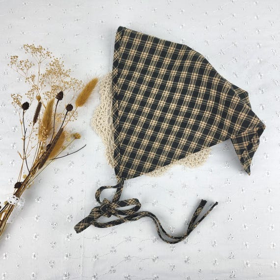 Plaid Kerchief, Cottagecore Bandana, Alopecia Head Cover, black and tan head scarf with ties