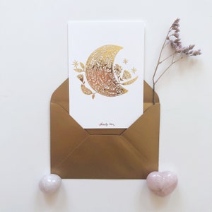 Carte de voeux céleste | Papeterie Lune |Carte postale sorcière | Papeterie céleste | Papeterie fleurie | Cadeau pour elle | carte dorée