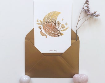 Tarjeta de felicitación celestial| | Papelería lunar | de postal de bruja Papelería celestial| Papelería floreca| Regalo para ella| tarjeta dorada