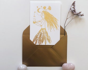 Tarjeta de felicitación celestial| | Papelería lunar | de postal de bruja Papelería celestial| Papelería floreca| Regalo para ella| tarjeta dorada