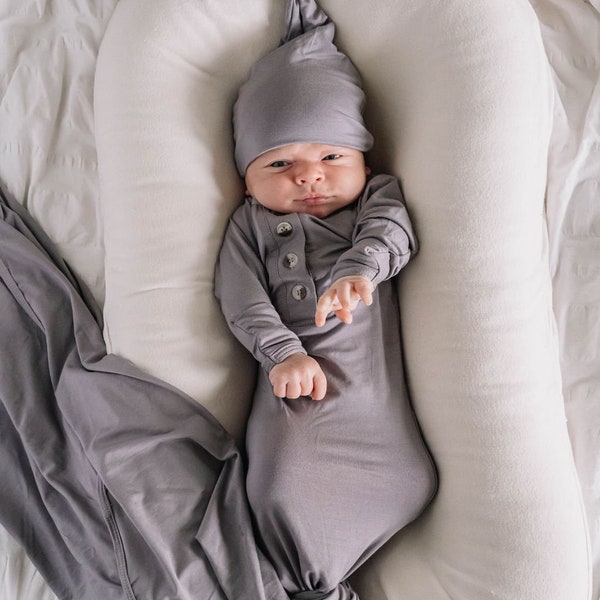 Steel Grey Newborn Baby Boy/Girl Gown Set - Soft Grey Button Newborn Infant Gown/Hat/Bow Set, Grey Newborn Tied Knotted Gown, Baby Gown Set