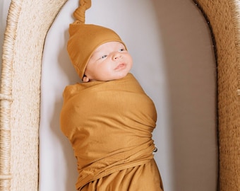 Camel Brown Baby Boy/Girl Swaddle Set - Brown Baby Swaddle/Bow/Hat Set - Fresh48 Camel Newborn Swaddle Set - Baby Boy/Girl Brown Swaddle Set