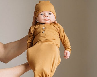 Camel Brown Newborn Baby Boy/Girl Gown Set - Soft Came Button Newborn Infant Gown/Hat/Bow Set, Camel Newborn Tied Knotted Gown, Baby Gown