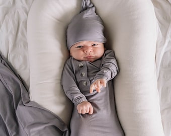 Steel Grey Newborn Baby Boy/Girl Gown Set - Soft Grey Button Newborn Infant Gown/Hat/Bow Set, Grey Newborn Tied Knotted Gown, Baby Gown Set