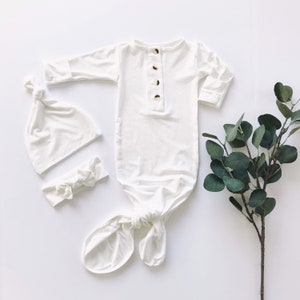 Milky White Newborn Baby Gown Set - Soft White Button Newborn Infant Gown - White Newborn Tied Knotted Gown - Baby Girl/Boy Gown