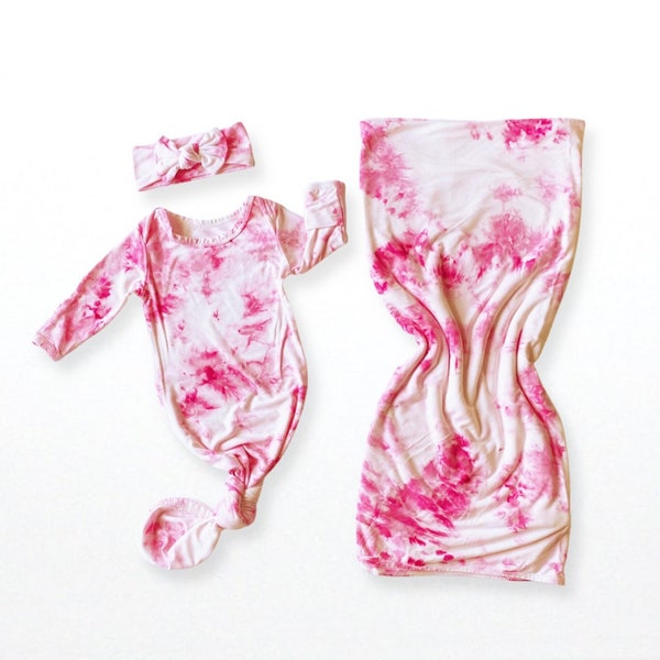 Bubblegum Marbled Tie Dye Complete Newborn Baby Bundle - Pink Tie Dye Swaddle Set -Take Home Baby Girl Set-Fresh48 Pink Swaddle/Gown/Bow