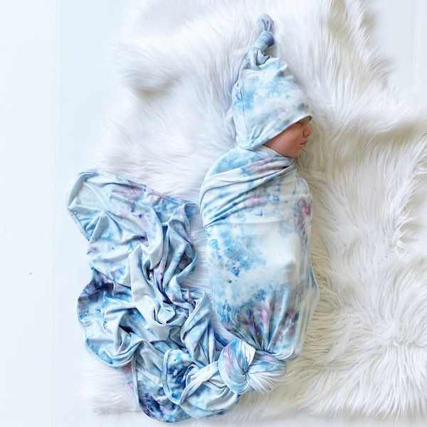 Powder Blue Marbled Tie Dye Baby Swaddle Set - Baby Blue Tie Dye Swaddle/Hat Set - Newborn Baby Boy Blue Tie Dye Fresh 48 Swaddle/Hat Set