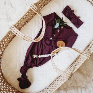 Plum Purple Newborn Baby Girl Gown Set Soft Burgundy Button Newborn Infant Gown/Bow Set, Grey Newborn Tied Knotted Gown Fresh 48 set image 1