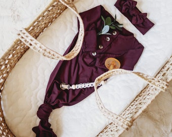 Plum Purple Newborn Baby Girl Gown Set - Soft Burgundy Button Newborn Infant Gown/Bow Set, Grey Newborn Tied Knotted Gown - Fresh 48 set