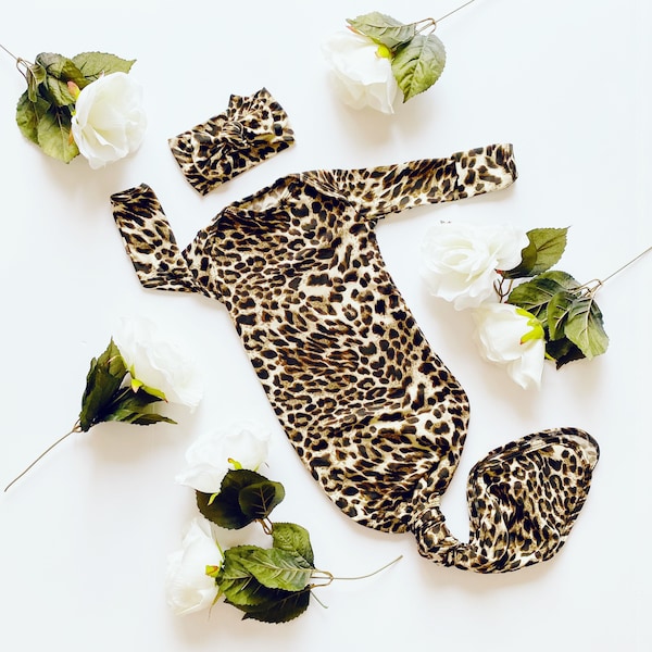 Animal Print Baby Gown/Bow Set - Leopard Print Baby Girl Newborn Gown Set - Infant Animal Print Knotted Gown - Baby Girl Knotted Tie Gown