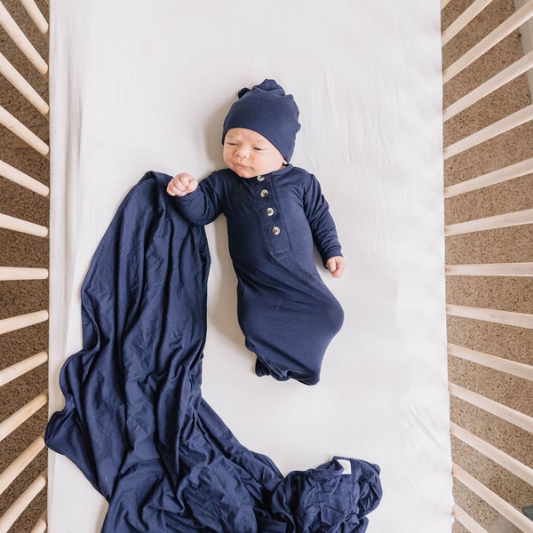 Navy Blue Newborn Knotted Gown, Baby Boy/Girl Gown Set - Soft Navy Blue Button Newborn Infant Gown/Hat/Bow Set, Navy Newborn Tied Knot Gown
