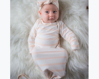 3-6 Month Gorgeous Peach Stripe Baby Girl Knot Gown - Baby Girl Spring Stripe Knotted Gown - 3-6 Month Peach Stripe Knotted Gown Set