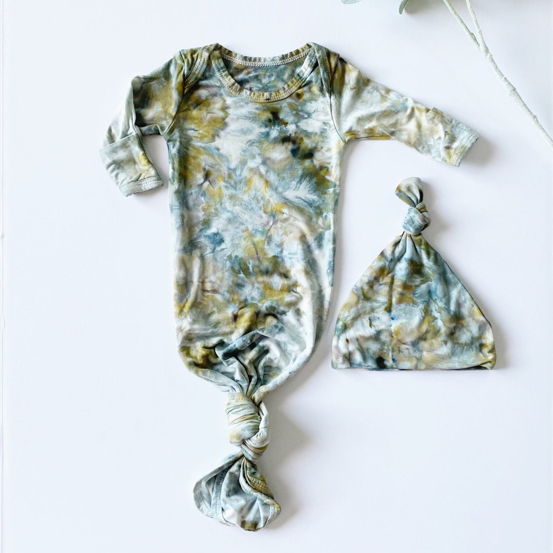 Sage Green Tie Dye Newborn Baby Gown Set Soft Sage Button Newborn