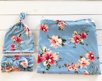 Sky Blue Spring Floral Swaddle Blanket Set - Newborn Baby Girl Swaddle Baby Bundle - Floral Swaddle Set - Blue Floral Swaddle/Hat/Bow