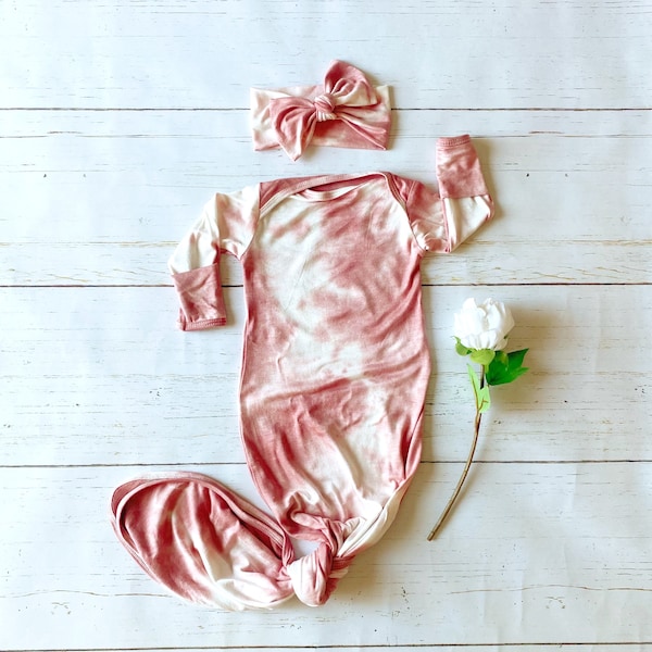 Raspberry Tie Dye 0-3 Month Baby Girl Gown - Gorgeous Newborn Newborn Knotted Gown - Pink Tie Dye Baby Gown - Knotted Newborn Gown - Newborn