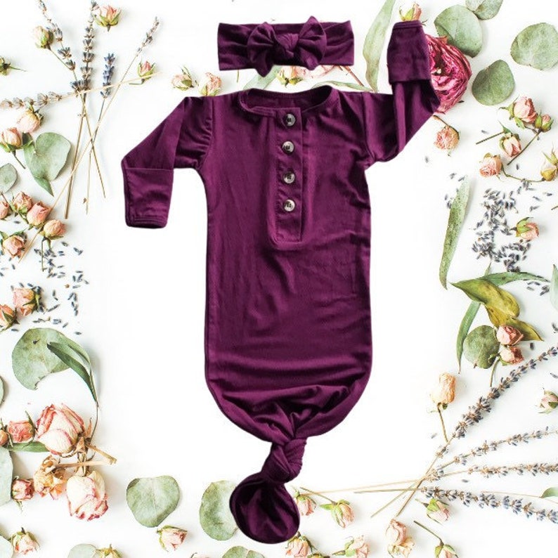 Plum Purple Newborn Baby Girl Gown Set Soft Burgundy Button Newborn Infant Gown/Bow Set, Grey Newborn Tied Knotted Gown Fresh 48 set image 3