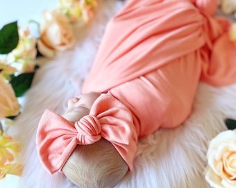 Peach Swaddle Set, Baby Girl Soft/Stretch Peach Swaddle/Bow Set, Peach Solid Swaddle/Bow Newborn Swaddle Set, Peach Swaddle Set, Newborn