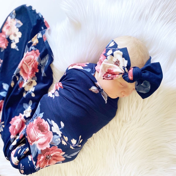 Gorgeous Navy Floral Swaddle Set -Newborn Baby Girl Rose Swaddle Baby Bundle -Floral Swaddle Blanket/Bow  Set - Navy Blue Floral Swaddle/Bow