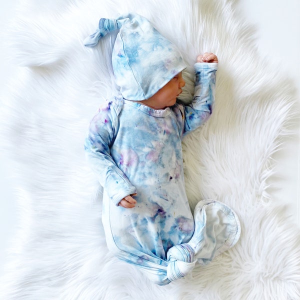 Powder Blue Baby Knotted Gown Set - Baby Blue Tie Dye Gown Set -Newborn Baby Powder Blue Tie Dye Gown -Baby Gown Tie Dye Knotted Hat Set