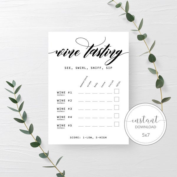 Wine Tasting Score Card, Wine Tasting Party Decorations, Bridal Shower Wine Theme, Wine Bachelorette Party, INSTANT DOWNLOAD - SFB100