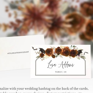 Plantilla de tarjeta de lugar de boda gótica, decoración de mesa de boda de Halloween de color naranja quemado, decoraciones de boda, tarjetas de presentación, DESCARGA INSTANTÁNEA - H300