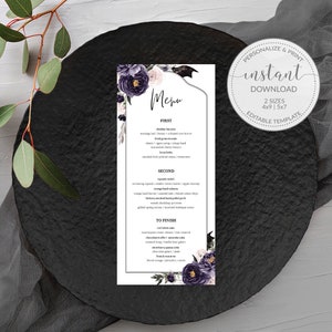 Halloween-Hochzeits-Menüvorlage, Halloween-Hochzeitstischdekor, Gothic-Hochzeitsmenü druckbar, bearbeitbar DIGITAL DOWNLOAD - H100