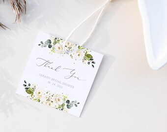Mall för etiketter med vita blommor och gröna blad för bruddusch, utskrivbara etiketter för bröllopsdusch, tacketiketter för bröllopsdusch, digital nedladdning WRG100