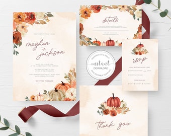 Fall Wedding Invitation Template, Autumn Floral Pumpkin Wedding Invitation Set, Editable Rustic Wedding Invitation, DIGITAL DOWNLOAD - PB100