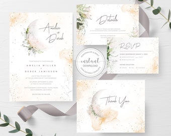 May include: Wedding invitation suite with a watercolor moon and floral design. The invitation features the names Amelia and Derek, the date September 16, 2023, and the location Santa Barbara Courthouse. The RSVP card includes a response deadline of August 1, 2023. The details card includes the text "A block of rooms has been reserved at the Four Seasons Hotel Santa Barbara, California". The thank you card features a watercolor moon and floral design.