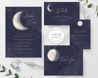 Celestial Wedding Invitation Template, Printable Moon Wedding Invite, Dark Navy Moon and Stars Wedding Invitation, INSTANT DOWNLOAD GM300