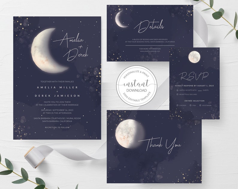 Celestial Wedding Invitation Template Printable Moon Wedding Invite Dark Navy Moon and Stars Wedding Invitation INSTANT