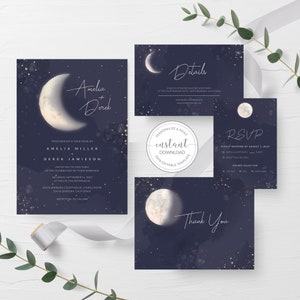 Modello di invito a nozze celeste, invito a nozze stampabile con luna, invito a nozze con luna e stelle blu scuro, DOWNLOAD IMMEDIATO GM300