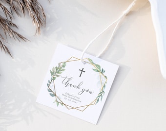 First Holy Communion Favor Tags Printable Template, Greenery Favor Tags, First Communion Thank You Tag, Editable DIGITAL DOWNLOAD - GFG100