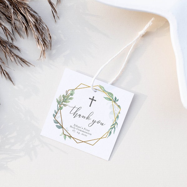 First Holy Communion Favor Tags Printable Template, Greenery Favor Tags, First Communion Thank You Tag, Editable DIGITAL DOWNLOAD - GFG100