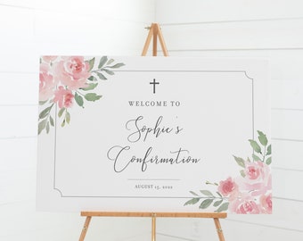 Confirmation Welcome Sign Template, Large Welcome Sign Printable, Girl Confirmation Decorations, Blush Floral Rose, INSTANT DOWNLOAD, FR100