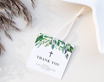 Greenery Holy Communion Favor Tags Printable Template, Greenery Favor Tags, First Communion Thank You, DIGITAL DOWNLOAD G100