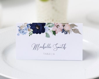 Place Card Template, Navy and Blush Wedding Name Cards, Floral Wedding Place Cards, Editable Printable Place Cards, DIGITAL DOWNLOAD - MB100