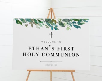 Greenery First Holy Communion Welcome Sign Template, Large Welcome Sign Printable, Boy Communion Decorations Greenery, INSTANT DOWNLOAD G100